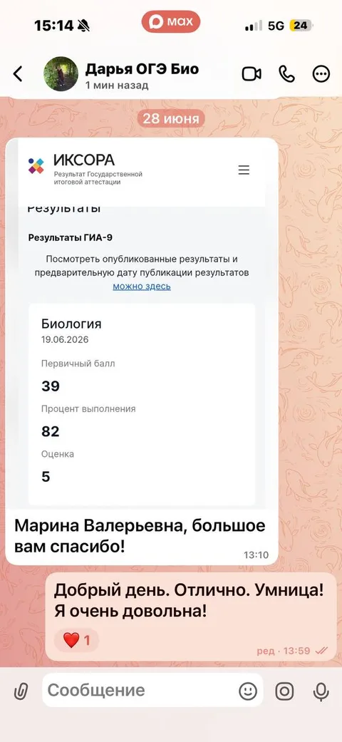 Дарья — пятёрка на ОГЭ — скриншот отзыва
